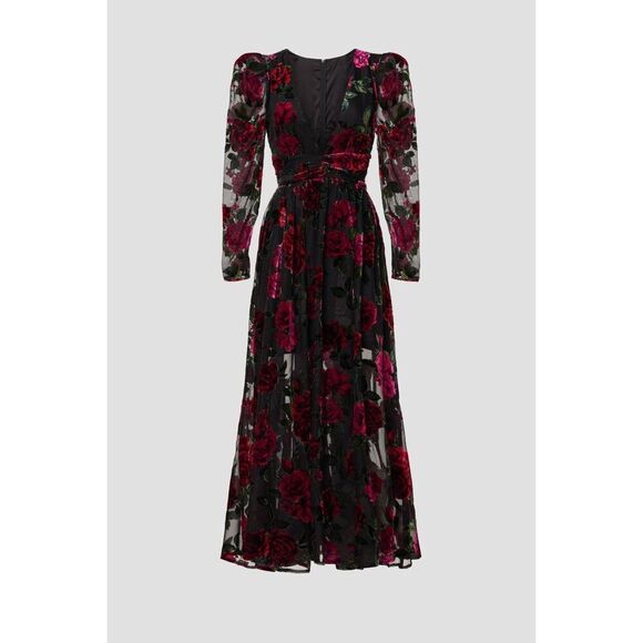 Rachel Purcell Black and Red Floral Velvet Burnout Maxi Dress - Picture 5 of 9